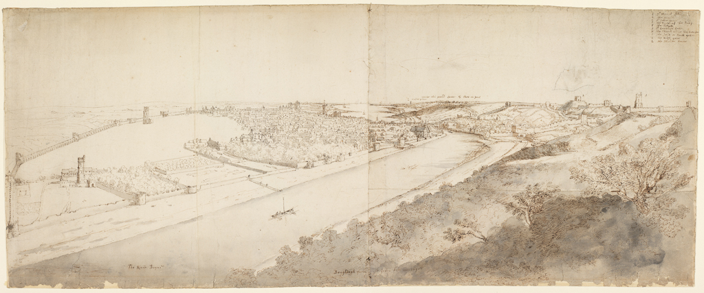 An image of View of Drogheda. Place, Francis (British, 1647-1728). Pen, sepia ink and grey wash, on two sheets of paper, joined at the centre, height 368 mm, width 914 mm, 1698.