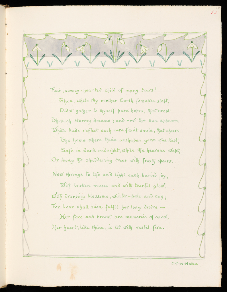 An image of Inscription surrounded by floral border: Snowdrop. Inscription surrounded by floral border: Pine. Bicknell, Clarence (British, 1842-1918). Watercolour over graphite on paper, height, leaf, 326  mm, width, leaf, 255 mm, 1908. Part of: A Posy. Vellum-bound sketchbook containing leaves with an index at the end. Cover with brown leather ornamentation and remains of vellum closure straps. Inscription(s): Recto, upper right; watercolour; 53. Recto; watercolour; Fair, sunny-hearted child of many tears! / Thou, while thy mother Earth forsaken slept, / Didst gather to thyself pure hopes, that crept / Through stormy dreams; and now the sun appears, / White buds reflect each rare faint smile, that cheers / The home where thine unshapen germ was kept, / Safe in dark midnight, while the heavens wept, / Or hung the shuddering trees with frosty spears. / Now springs to life and light each buried joy, / With broken music and with tearful glow, / With drooping blossoms, winter-pale and coy; / For Love shall soon fulfil her long desire- / Her face and breast are memories of snow, Her heart, like thin, is lit with vestal fire. / C.C.W. Naden. Verso; watercolour; The elm lets fall its leaves before the frost, / The very oak grows shivering and sere, / The trees are barren when the summer's lost: / But one tree keeps its goodness all the year. / Green pine, unchanging as the days go by, / Thou art thyself beneath whatever sky: / My shelter from all winds, my own strong pine, / 'Tis spring, 'tis summer still, while thou art / mine. / A. Webster.