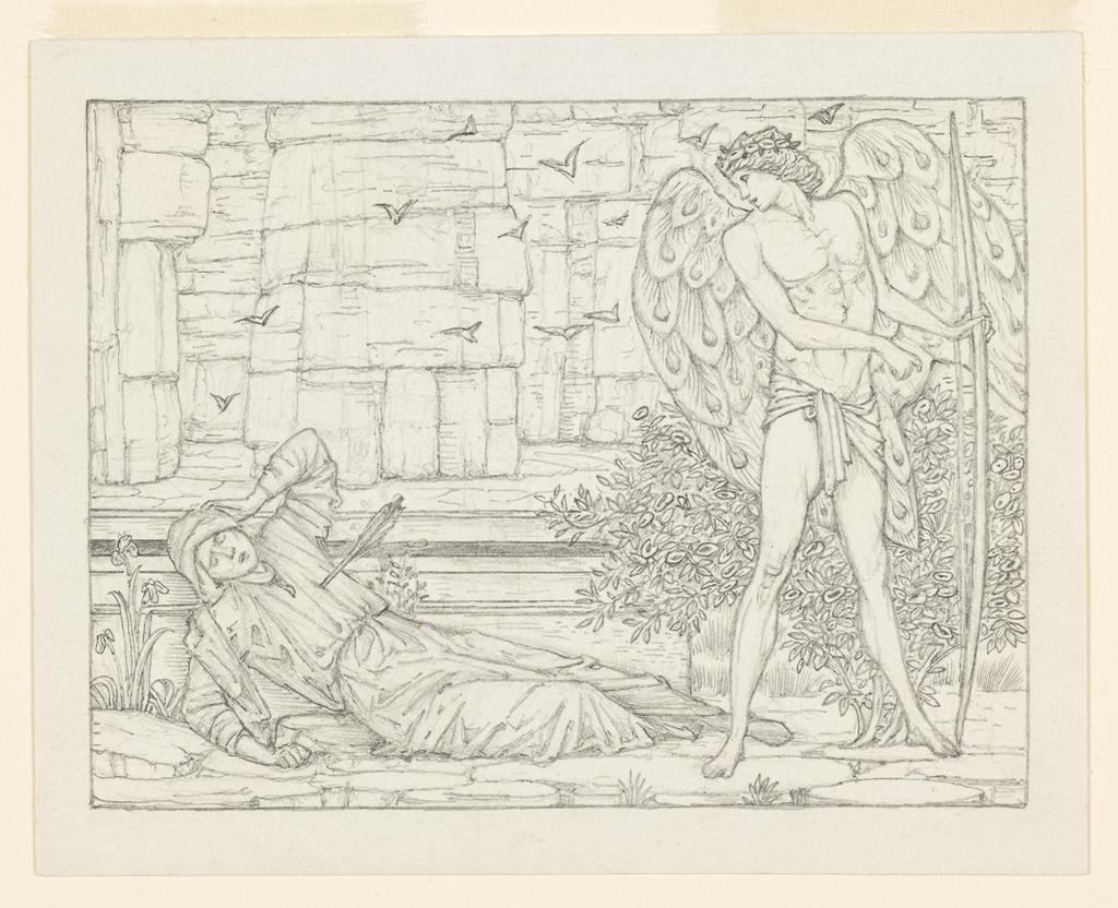 An image of The Romance of the Rose: the victim of Love's arrow. For page 261 of the Kelmscott Chaucer. Burne-Jones, Edward (British, 1833-1898).  Graphite within drawn graphite border on paper, height, drawn area, 129 mm, width, drawn area, 171 mm, height, support, 155 mm, width, support, 193 mm.
