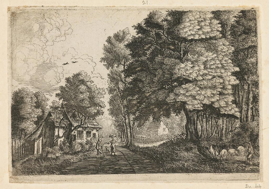 An image of Landscape with a woman giving alms to a beggar. Bonnecroy, Jean Baptiste (Flemish, 1618-1676). Uden, Lucas van, formerly attributed (Flemish, 1595-1672/73). Engraving, 17th Century. Production Note: Bartsch attributes this to Lucas Van Uden. Alternative Numbers: Bartsch 44 (Uden). Hollstein (Dutch/Flemish) 7 (Bonnecroy). Illustrated Bartsch .044. Robert-Dumesnil 7.
