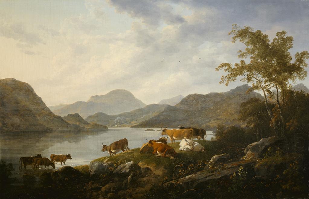 An image of Ullswater from the foot of Gowbarrow Fell. Ibbetson, Julius Caesar (British, 1759-1817). Oil on canvas, height 58.6 cm. width 88.2 cm, 1808.