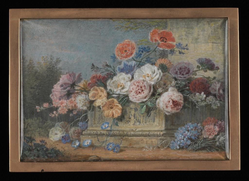 An image of Miniature painting. Red & white roses, poppies, convolvulus & other flowers, some in a sculptured oblong stone urn, with landscape background. Binet, Sophie (French, act.1779-1798). Watercolour, gouache on vellum, height, sight size, 47 mm, width, sight size, 69 mm. Acquisition: bequeathed 1973 by Henry Rogers Broughton Fairhaven.