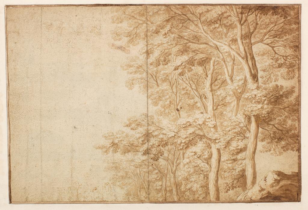 An image of Recto: The Ruins of the Colosseum. Verso: Study of trees. Worst, Jan, attributed to (Dutch, op.c.1645-1655). Recto: Black chalk and watercolour on paper. Verso: pen and brown ink. Height 385 mm, width 258 mm, early 17th century.