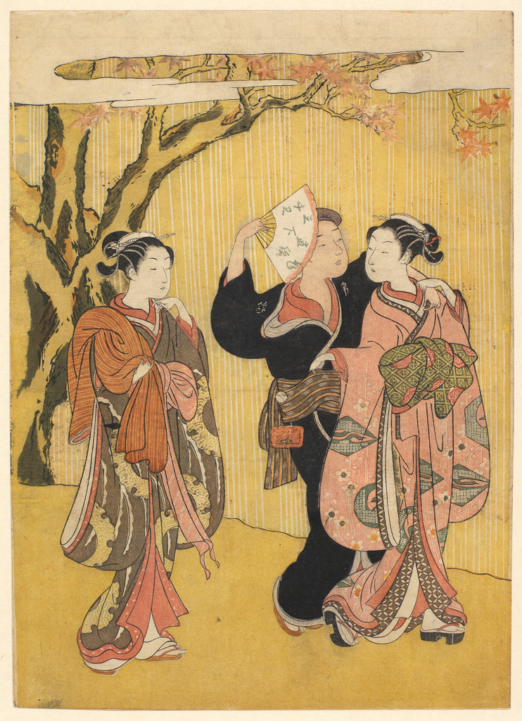 An image of Flirting by a waterfall. Harunobu, Suzuki (Japanese, 1724-1770). Colour print from woodblocks. Chuban. Woodcut, circa 1767 to circa 1769. Ukiyo-e. Notes: The poem on the man's fan reads: ‘Hiryu chokka sansen shaku (Straight down three thousand feet plunges the leaping torrent)’. The maple-leaves above show that it is Autumn, and the print may refer to the No play Momiji-gari (Maple-viewing) from which several dance episodes were adapted in the Edo period. In the earliest impressions the water was printed in blue. A later variation on the same design with the same poem is found in another print by Harunobu.