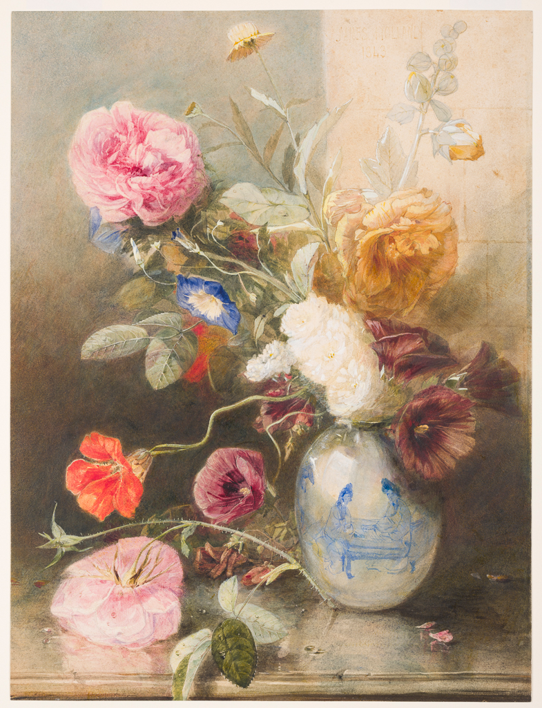 An image of Flowers in a vase which stands on a ledge. Holland, James (British, 1799-1870). Watercolour on card, height 450 mm, width 341 mm, 1843. Acquisition: bequeathed 1973 by Henry Rogers Broughton Fairhaven.