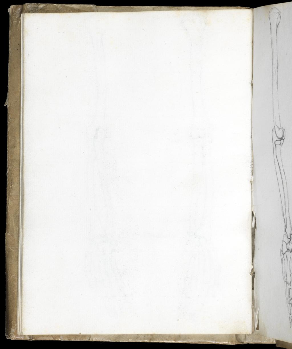 An image of Sketchbook. Flaxman, John (British, 1755-1826). Vellum bound sketchbook containing 28 leaves. Three leaves have been cut out and are loose. Front cover bears traces of graphite (black ink?) illustration, and has a flap which may be closed to protect the edges of the leaves. Many leaves have apparently been removed, including the following: 1 following f.1, 4 following f.12 and 1 following f.16. Cuts on the versos of f.24 and f.25 indicate leaves removed following f.25.