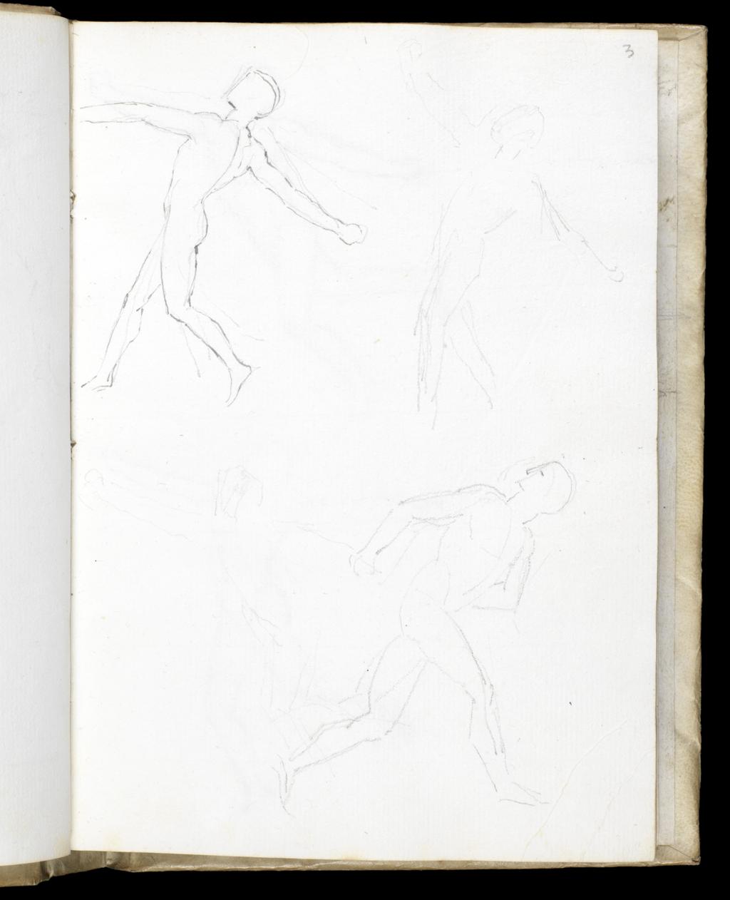 An image of Sketchbook. Flaxman, John (British, 1755-1826). Vellum bound sketchbook containing 28 leaves. Three leaves have been cut out and are loose. Front cover bears traces of graphite (black ink?) illustration, and has a flap which may be closed to protect the edges of the leaves. Many leaves have apparently been removed, including the following: 1 following f.1, 4 following f.12 and 1 following f.16. Cuts on the versos of f.24 and f.25 indicate leaves removed following f.25.