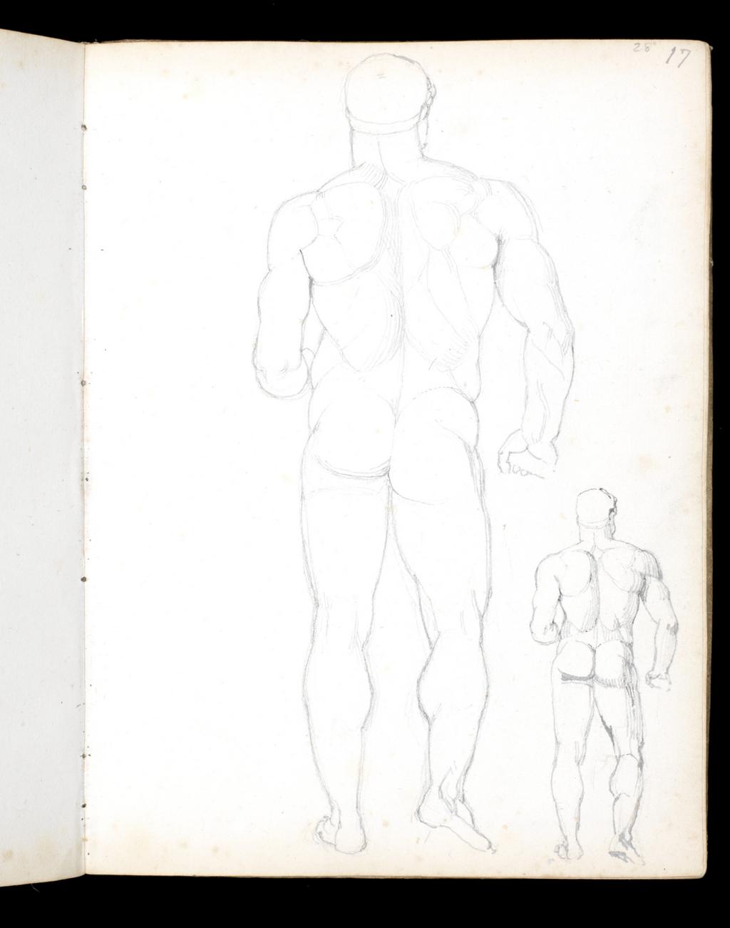 An image of Sketchbook: Motion and Equilibrium of the Human Body. Flaxman, John (British, 1755-1826). Sketchbook bound in ?pig's skin, containing 60 leaves plus two endpapers. Height, leaf, 230 mm, width, leaf, 171 mm; height, cover board, 232 mm, width, cover board, 173 mm.