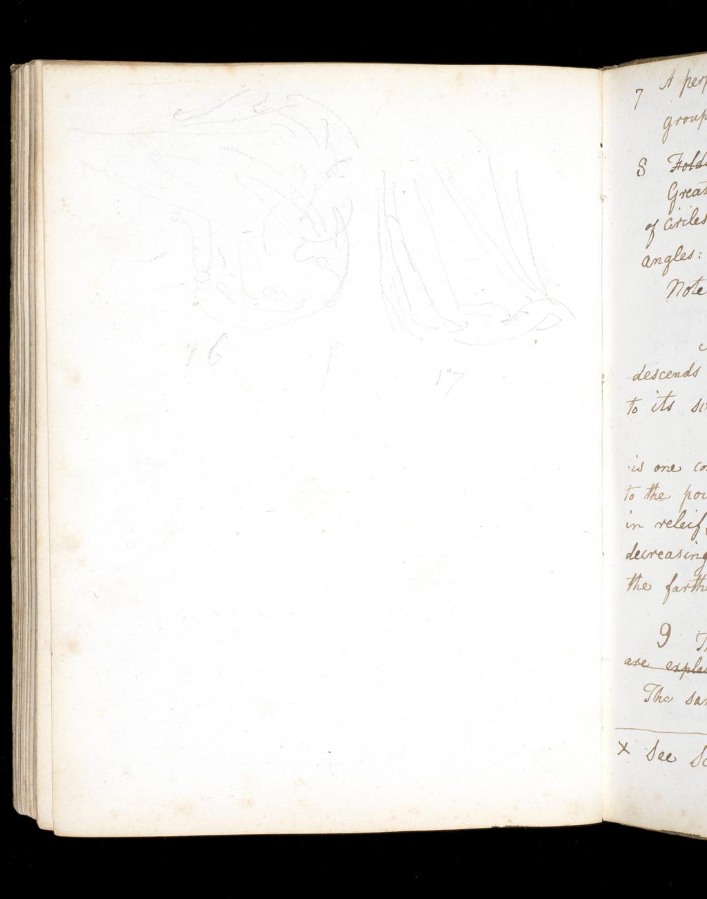 An image of Sketchbook: Motion and Equilibrium of the Human Body. Flaxman, John (British, 1755-1826). Sketchbook bound in ?pig's skin, containing 60 leaves plus two endpapers. Height, leaf, 230 mm, width, leaf, 171 mm; height, cover board, 232 mm, width, cover board, 173 mm.