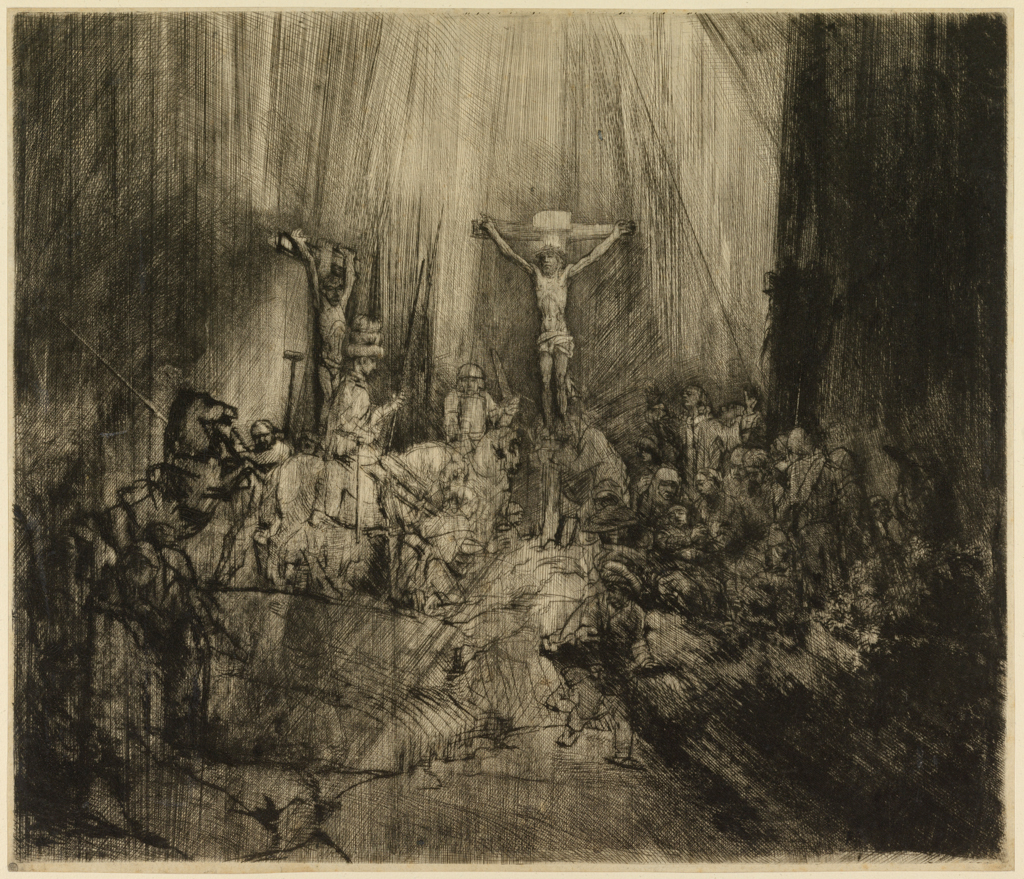 An image of The Three Crosses. Rembrandt Harmensz. van Rijn (Dutch, 1606-1669). Drypoint, engraving, black carbon ink on laid paper, chainlines vertical (25 mm). Height, plate, 386 mm, width, plate, 450 mm, height, sheet, 391 mm, width, sheet, 458 mm, 1653. Production Notes: mixed with more oil than AD.20.15-9 to give browner colour. State IV/V. Alternative Number(s): Hollstein (Dutch/Flemish); B78 IV/V. Biörklund/Barnard; BB53-A IV/V. Lugt; 932. Lugt; 2775.