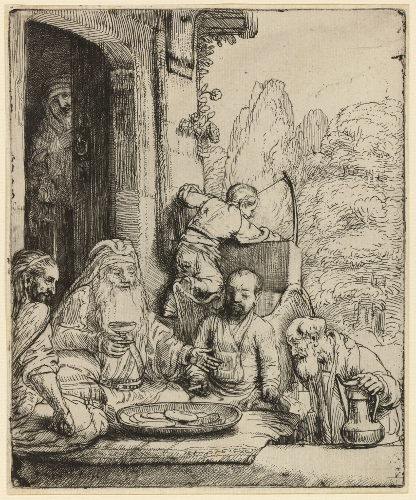 An image of Abraham entertaining the Angels. Rembrandt Harmensz. van Rijn (Dutch, 1606-1669). Etching, drypoint, surface tone, black carbon ink on laid paper, 1656. Production Note: Only state. height, plate, 160 mm, width, plate, 132 mm; height, sheet, 163 mm, width, sheet, 135 mm, Alternative Number(s): Hollstein (Dutch/Flemish); B29 Only state; 1969. Biörklund/Barnard; BB56-B Only state; 1955.