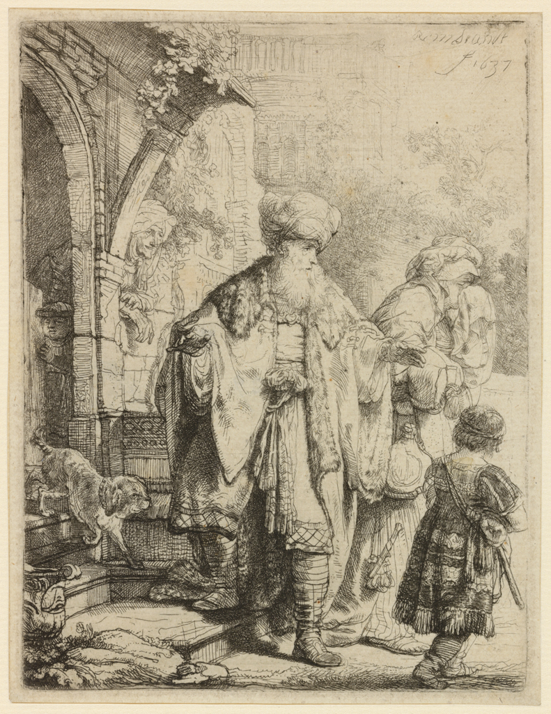 An image of Abraham casting out Hagar and Ishmael.  Rembrandt Harmensz. van Rijn (Dutch, 1606-1669). Etching, drypoint, black carbon ink on laid paper, height, plate, 127, mm, width, plate, 96 mm; height, sheet, 131 mm, width, sheet, 101 mm, circa 1637. Production Note: Only state. Alternative Number(s): Hollstein (Dutch/Flemish); B30 Only state. Biörklund/Barnard; BB37-A Only state.