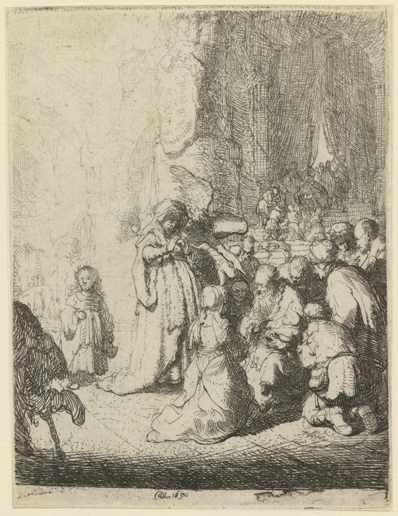 An image of Presentation in the Temple with the angel: Small plate. Rembrandt Harmensz. van Rijn (Dutch, 1606-1669). Etching, black carbon ink on paper, height, plate, 103 mm, width, plate, 78 mm; height, sheet, 103 mm, width, sheet, 78 mm, 1630. Production Note: II/II. Alternative Number(s): Hollstein (Dutch/Flemish); B51 II/II; 1969. Biörklund/Barnard; BB30-C II/II; 1955.