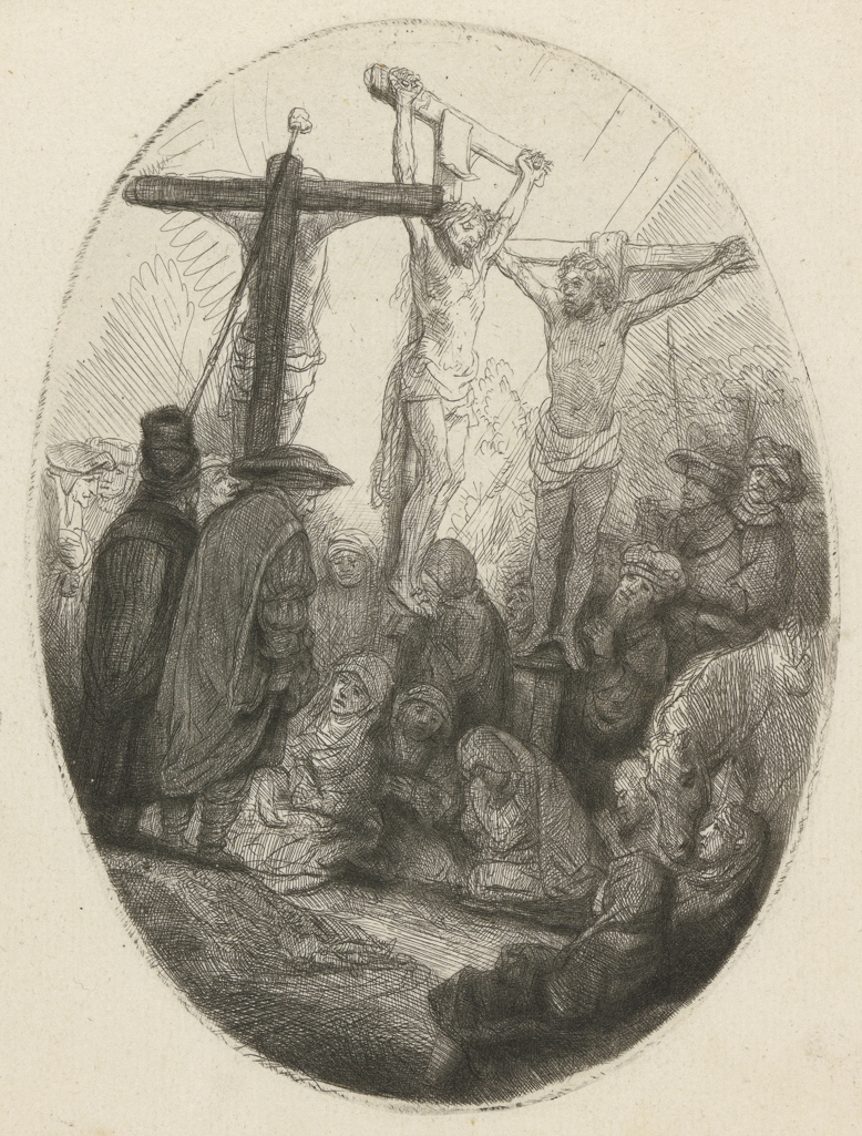 An image of Christ crucified between the two thieves: oval plate. Rembrandt Harmensz. van Rijn (Dutch, 1606-1669). Etching, drypoint, black carbon ink on laid paper, chainlines horizontal (25 mm), height, plate, 136 mm, width, plate, 100 mm; height, sheet, 160 mm, width, sheet, 140 mm, circa 1641. Production Note: II/II. Printed on mould side of paper. Alternative Number(s): Hollstein (Dutch/Flemish); B79 II/II; 1969. Biörklund/Barnard; BB41-2 II/II; 1955. Lugt; 2475.