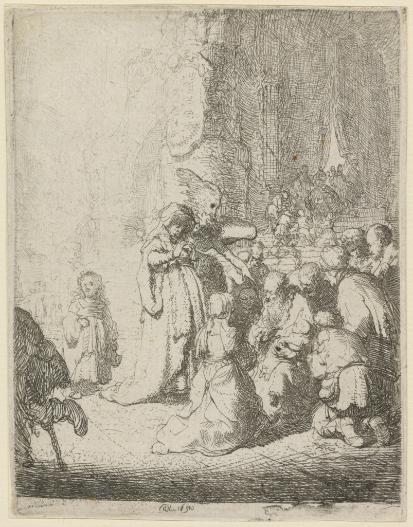 An image of Presentation in the Temple with the angel: Small plate. Rembrandt Harmensz. van Rijn (Dutch, 1606-1669). Etching, black carbon ink on laid paper, height, plate, 102 mm, width, plate, 78 mm; height, sheet, 102 mm, width, sheet, 79.5 mm, 1630. Production Note: II/II. Alternative Number(s): Hollstein (Dutch/Flemish); B51 II/II; 1969. Biörklund/Barnard; BB30-C II/II; 1955. Lugt; 2475.