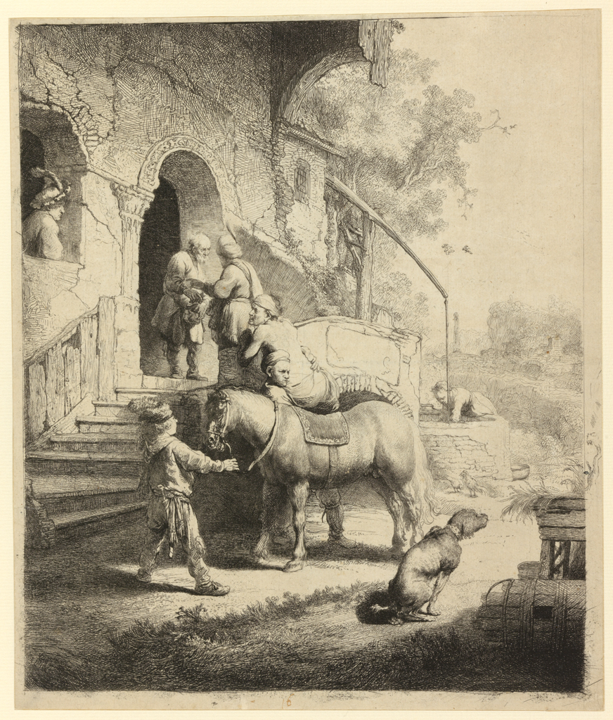 An image of The Good Samaritan Rembrandt Harmensz. van Rijn (Dutch, 1606-1669). Etching, engraving, black carbon ink on laid paper, height, plate, 250 mm, width, plate, 212 mm, height, sheet, 250 mm; width, sheet, 212 mm, 1633. Signed and dated by Rembrandt in state IV. Production Note: I/IV. Notes(s): This print is after a preparatory painting in grisaille now in the Wallace Collection, London. Alternative Number(s): Hollstein (Dutch/Flemish); B90 I/IV; 1969. Biörklund/Barnard; BB33-A I/V; 1955.