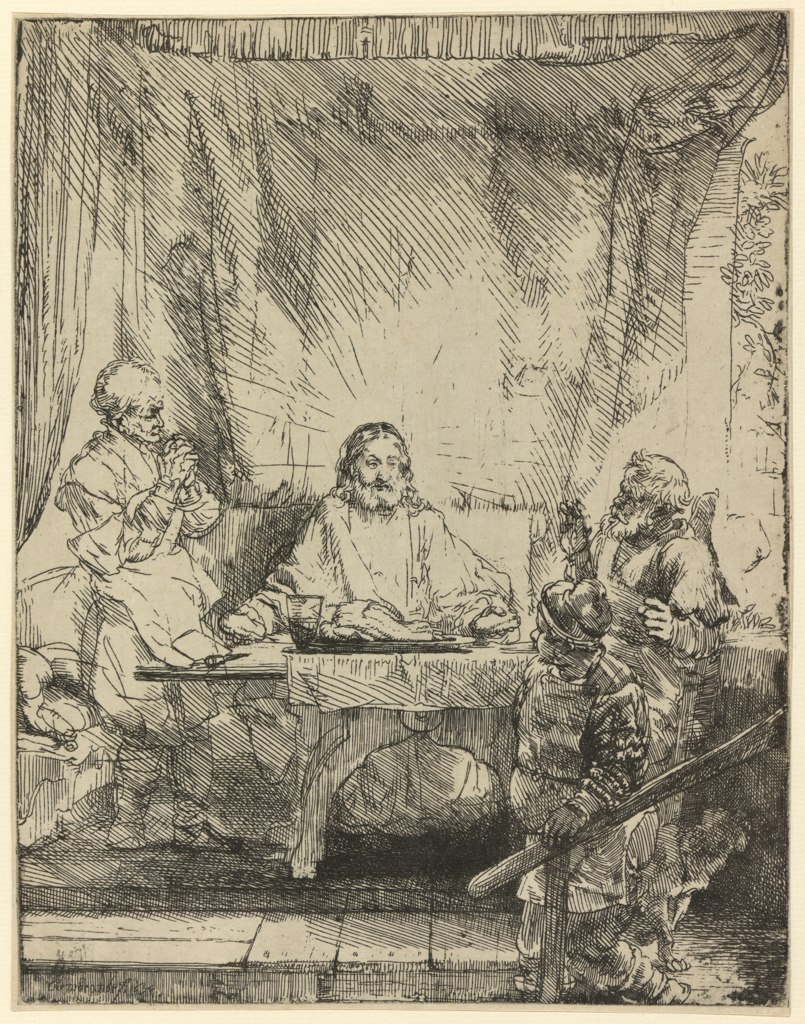 An image of Christ at Emmaus: the larger plate. Rembrandt Harmensz. van Rijn (Dutch, 1606-1669). Etching, drypoint, hand colouring, offset (printing effect), black carbon ink on Oriental paper, height, plate, 205 mm, width, plate, 160 mm, height, sheet, 205 mm, width, sheet, 162 mm, 1654. Production Note: Touched with wash on Christ's face. First state, almost completely in etching. Offset of Bartsch 75 on verso. Alternative Number(s): New Hollstein (Dutch/Flemish); 283 I/V; 2013. Hollstein (Dutch/Flemish); B87 I/III; 1969. Biörklund/Barnard; BB54-H I/III; 1955. Lugt; 2475.