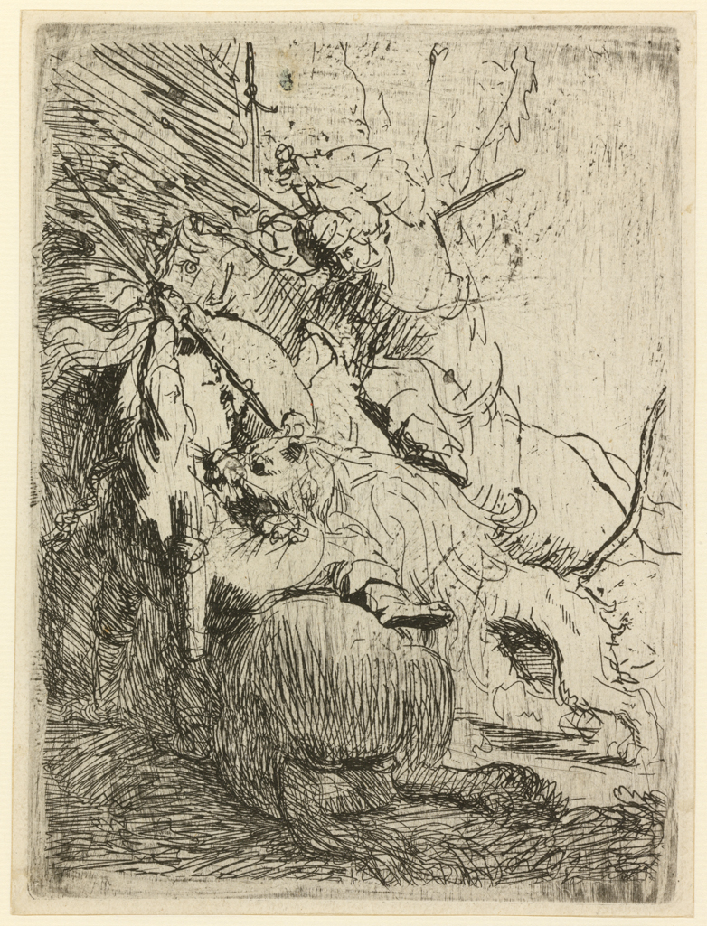 An image of The Small Lion Hunt (with one lion). Rembrandt Harmensz. van Rijn (Dutch, 1606-1669). Etching, surface tone, black carbon ink on laid paper, height, plate, 157 mm, width, plate, 117 mm; height, sheet, 162.5 mm, width, sheet, 122 mm, circa 1629. Production Note: Only State. Alternative Number(s): Hollstein (Dutch/Flemish); B116 Only state; 1969. Biörklund/Barnard; BB29-3 Only state; 1955.