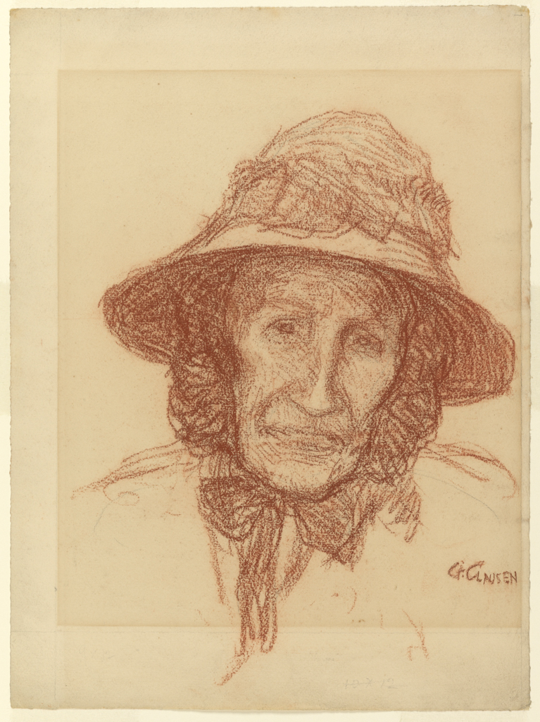 An image of Head of an old peasant woman. Clausen, George (British, 1852-1944). Red chalk on paper, height, sheet, 384 mm, width, sheet, 285 mm, 19th century. Sir Ivor and Lady Batchelor Bequest.