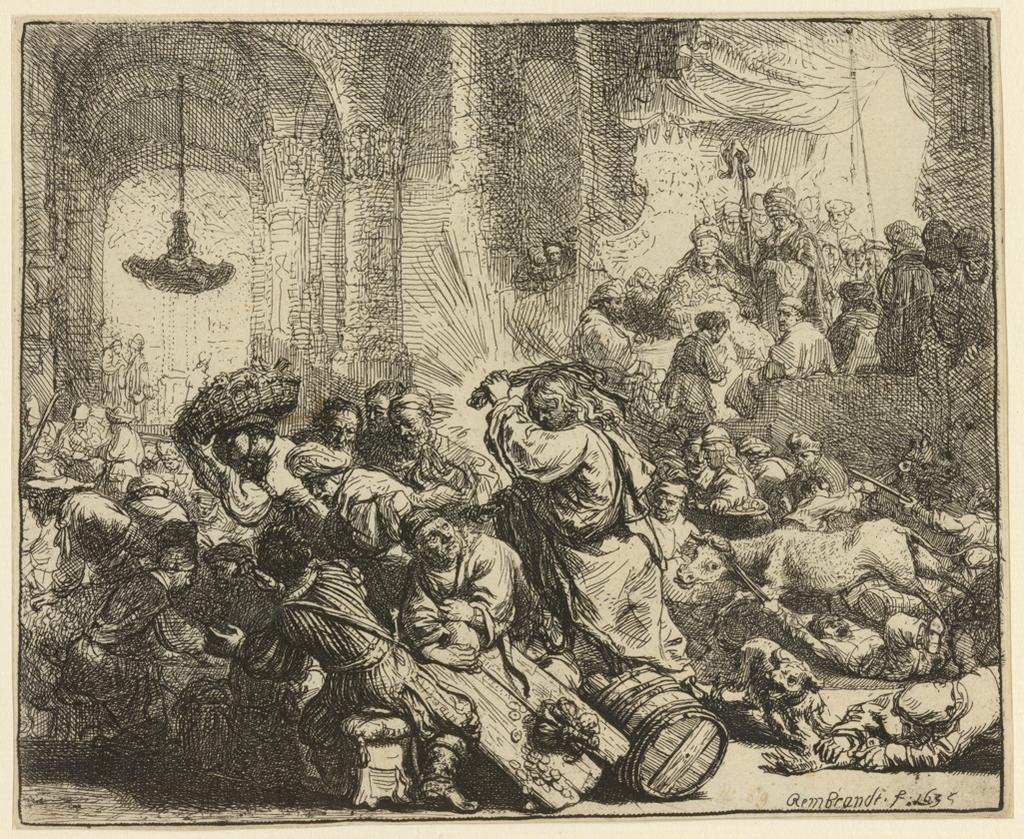 An image of Christ driving the money changers from the Temple. Rembrandt Harmensz. van Rijn (Dutch, 1606-1669). Etching, black carbon ink on laid paper, height, plate, 136 mm, width, plate, 167 mm; height, sheet, 137 mm, width, sheet, 169 mm, 1635. Production Note: State II/II. Alternative Number(s): Hollstein (Dutch/Flemish); B69 II/II. Biörklund/Barnard; BB35-B III/III.