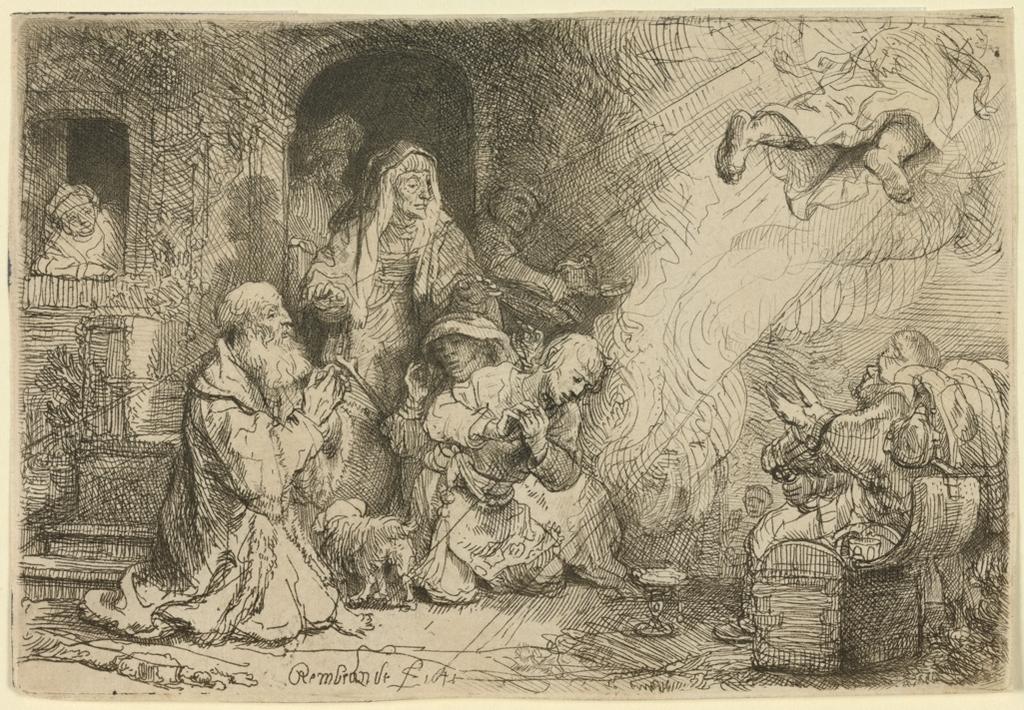 An image of The Angel departing from the family of Tobias. Rembrandt Harmensz. van Rijn (Dutch, 1606-1669). Etching, drypoint, black carbon ink on laid paper, height, plate, 103 mm, width, plate, 151 mm; height, sheet, 105 mm, width, sheet, 153 mm, 1641. Production Note: III/IV. Alternative Number(s): Hollstein (Dutch/Flemish); B43 III/IV. Biörklund/Barnard; BB41-G III/IV. Lugt; 932.