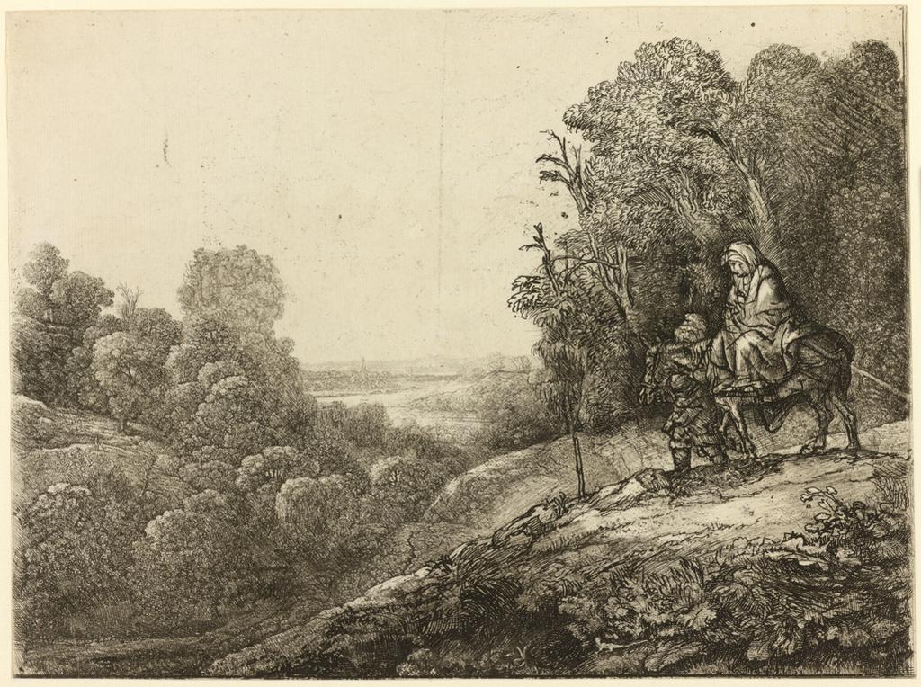An image of The Flight into Egypt: Altered from Seghers. Rembrandt Harmensz. van Rijn (Dutch, 1606-1669). Etching, drypoint, engraving, black carbon ink on laid paper, chainlines horizontal (25 mm), height, plate, 210 mm, width, plate, 284 mm, height, sheet, 210 mm, width, sheet, 284 mm, circa 1653. Production Note:  VII/VII. Alternative Number(s): Hollstein (Dutch/Flemish); B56 VII/VII; 1969. Biörklund/Barnard; BB53-2 VII/VII; 1955. Lugt; 932. Lugt; 1034.