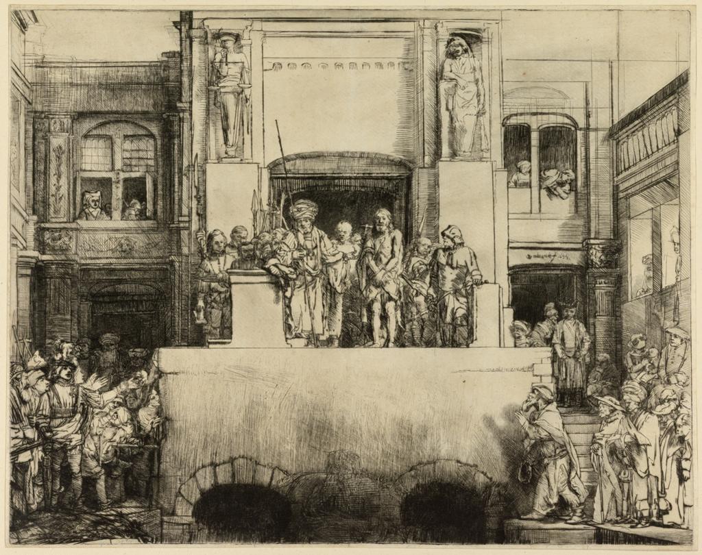 An image of Christ presented to the People. Rembrandt Harmensz. van Rijn (Dutch, 1606-1669). Drypoint, black carbon ink on laid paper, chainlines horizontal (32 mm), height, plate, 358 mm, width, plate, 454 mm; height, sheet, 364 mm, width, sheet, 460 mm, 1655. Production Note: VIII/VIII. Printed on felt [?] side of paper. Alternative Number(s): Hollstein (Dutch/Flemish); B76 VIII/VIII. Biörklund/Barnard; BB55-A VII/VII. Lugt; 2475.