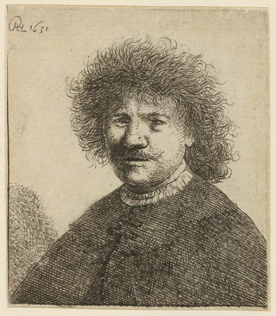 An image of Self-portrait in a cloak with a falling collar: Bust. Reworked after Rembrandt Harmensz. van Rijn (Dutch, 1606-1669). Etching, engraving, black carbon ink on laid paper, height, plate, 61 mm, width, plate, 53 mm; height, sheet, 61 mm, width, sheet, 53 mm, 1630-1631. Date altered on plate from '1630' to '1631'. Production Note: IV/V. Coarsely reworked by another hand. Alternative Number(s): Hollstein (Dutch/Flemish); B15 IV/V; 1989. Biörklund/Barnard; BB30-Q IV/V.