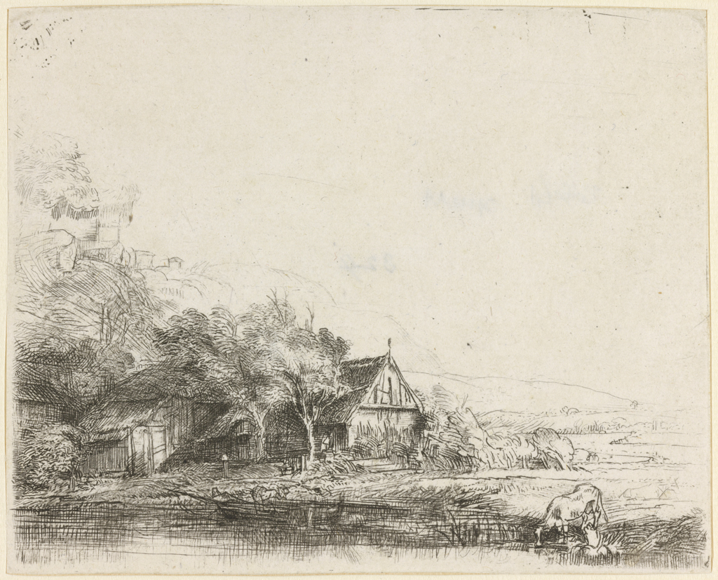 An image of Landscape with a cow. Rembrandt Harmensz. van Rijn (Dutch, 1606-1669). Etching, drypoint, black carbon ink on laid paper, chainlines vertical (approx. 30 mm), height, plate, 105 mm, width, plate, 130 mm; height, sheet, 105 mm, width, sheet, 130 mm, circa 1650. Late impression. Paper bears a watermark for 1742. Production Note: II/II. Printed from the reworked plate. Notes(s): The watermark on this impression can be related to eighteenth century French paper makers in the Auvergne, and it is similar, but not identical to two watermarks illustrated by Ash & Fletcher (39.F.a) and Heawood (3407). The watermark shown by Heawood includes a bunch of grapes and the word 'FIN' is placed above the maker's name and place of manufacture and date; in Ash & Fletcher, the watermark includes 'FIN' at the end of the name. Alternative Number(s): Hollstein (Dutch/Flemish); B237 II/II (reworked plate). Biörklund/Barnard; BB50-1 II/II (reworked plate). Lugt; 932. Ash & Fletcher (Rembrandt watermarks); 39.F.a. Heawood; 3407.