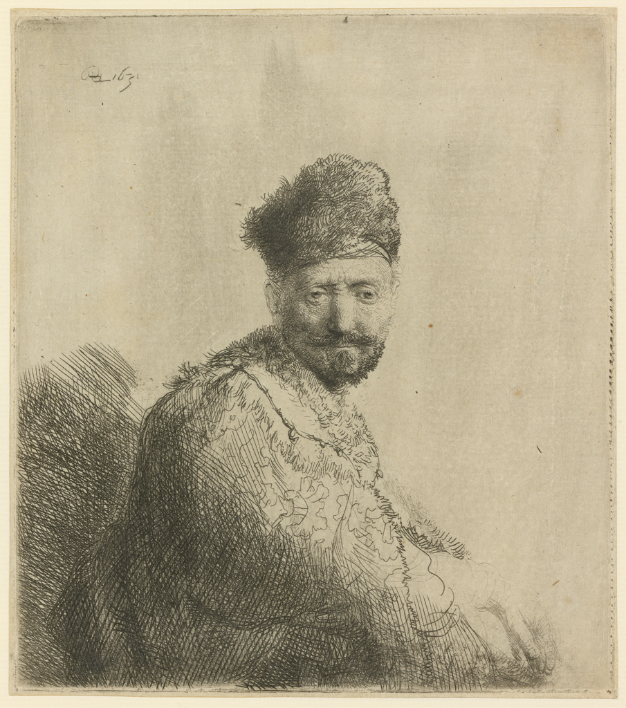 An image of Bearded man, in a furred oriental cap and robe: The artist's father. Rembrandt Harmensz. van Rijn (Dutch, 1606-1669). Etching, engraving, surface tone, black carbon ink on laid paper, height, plate, 146 mm, width, plate, 129 mm; height, sheet, 150 mm, width, sheet, 131 mm, 1631. Production Note: II/IV. Alternative Number(s): Hollstein (Dutch/Flemish); B263 II/IV. Biörklund/Barnard; BB31-I II/IV.