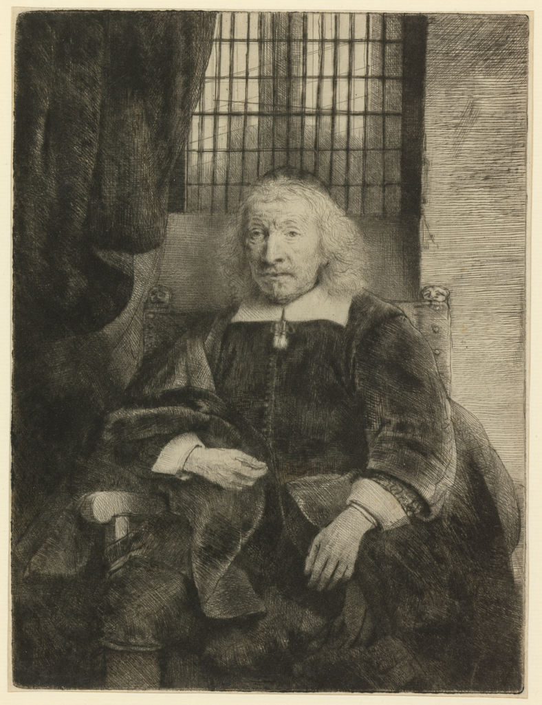 An image of Thomas Jacobsz. Haringh Old Haringh. Rembrandt Harmensz. van Rijn (Dutch, 1606-1669). Drypoint, engraving, black carbon ink on laid paper, height, plate, 196 mm, width, plate, 149 mm; height, sheet, 197 mm, width, sheet, 151 mm, circa 1655. Production Note: II/II. Notes: The sitter was Concierge of Amsterdam Town Hall, and part of his job was to coordinate sales of debtor's possessions, including the auction of Rembrandt's goods between 1656 to 1658, for which he also acted as the auctioneer. He was also the second cousin of Pieter Haringh, who was also involved in the sale of the artist's possessions and was portrayed by him (see AD.12.39-413 and 23.K.5-360). Alternative Number(s): Hollstein (Dutch/Flemish); B274 II/II. Biörklund/Barnard; BB55-1 II/II.