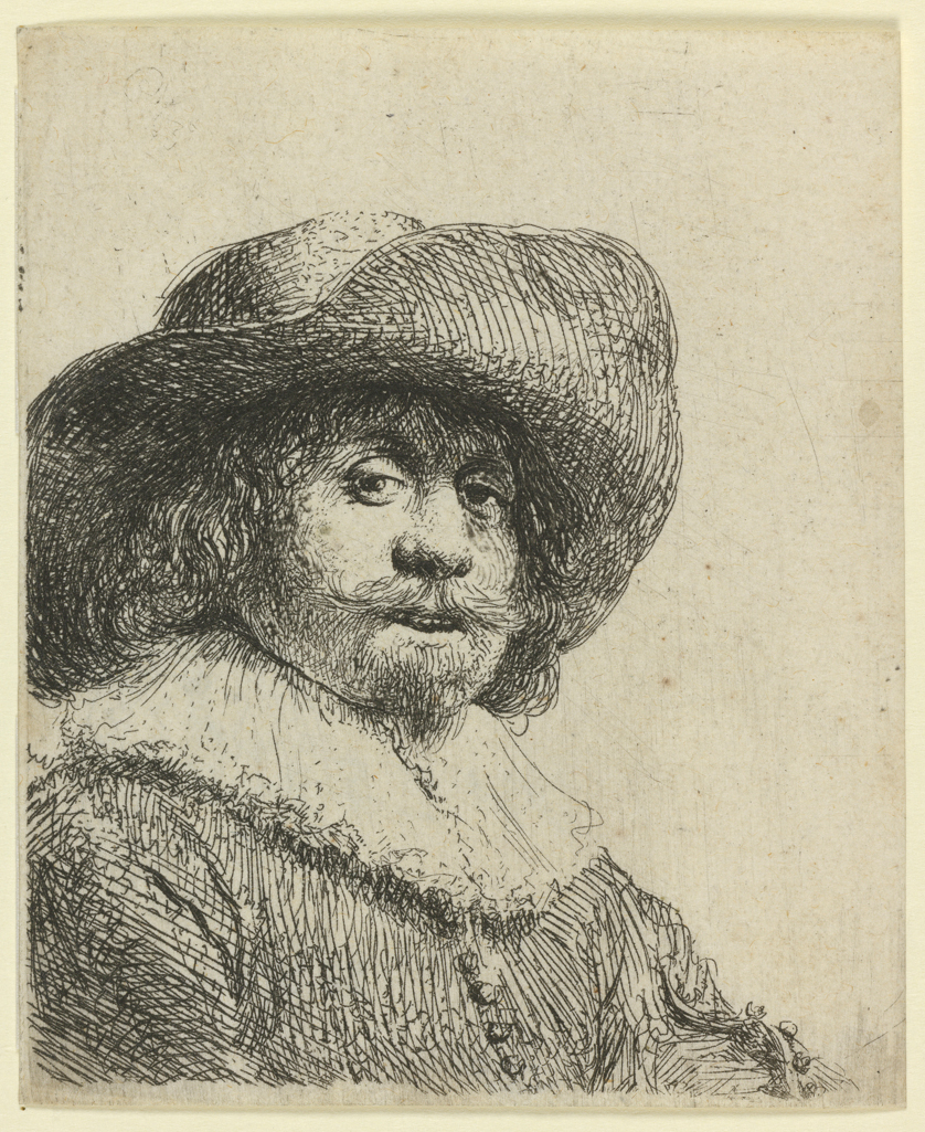 An image of Man in a broad-brimmed hat. Rembrandt Harmensz. van Rijn (Dutch, 1606-1669). Etching, black carbon ink on laid paper, height, plate, 78 mm, width, plate, 64 mm; height, sheet, 78 mm, width, sheet, 64 mm, 1638. Production Note: Only state. Alternative Number(s): Hollstein (Dutch/Flemish); B311 Only state; 1969. Biörklund/Barnard; BB38-C Only state; 1955.
