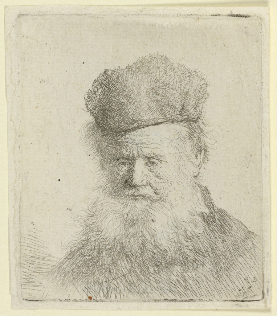 An image of Bust of an old man with a fur cap and flowing beard, nearly full face, eyes direct. Rembrandt Harmensz. van Rijn (Dutch, 1606-1669). Etching, black carbon ink on laid paper, height, plate, 63 mm, width, plate, 53 mm; height, sheet, 66 mm, width, sheet, 58 mm, circa 1631. Production Note: II/II. Alternative Number(s): Hollstein (Dutch/Flemish); B312 II/II; 1969. Biörklund/Barnard; BB31-7 II/II; 1955. Lugt; 932.
