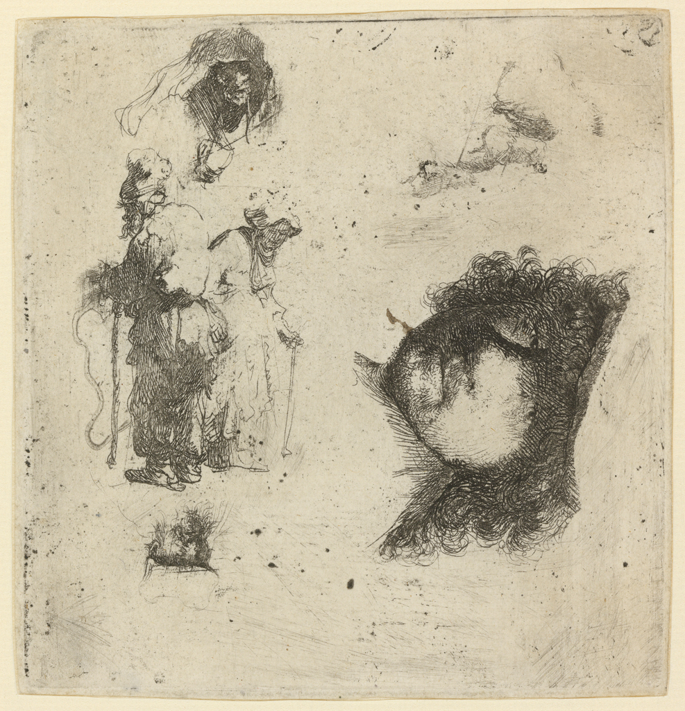 An image of Sheet of studies: Head of the artist, a beggar couple, heads of an old man and old woman, etc. Rembrandt Harmensz. van Rijn (Dutch, 1606-1669). Etching, black carbon ink on laid paper, height, plate, 100 mm, width, plate, 105 mm; height, sheet, 102 mm, width, sheet, 106 mm, circa 1632. Production Note: II/II. Alternative Number(s): Hollstein (Dutch/Flemish); B363 II/II; 1969. Biörklund/Barnard; BB32-1 II/II; 1955. Lugt 932.