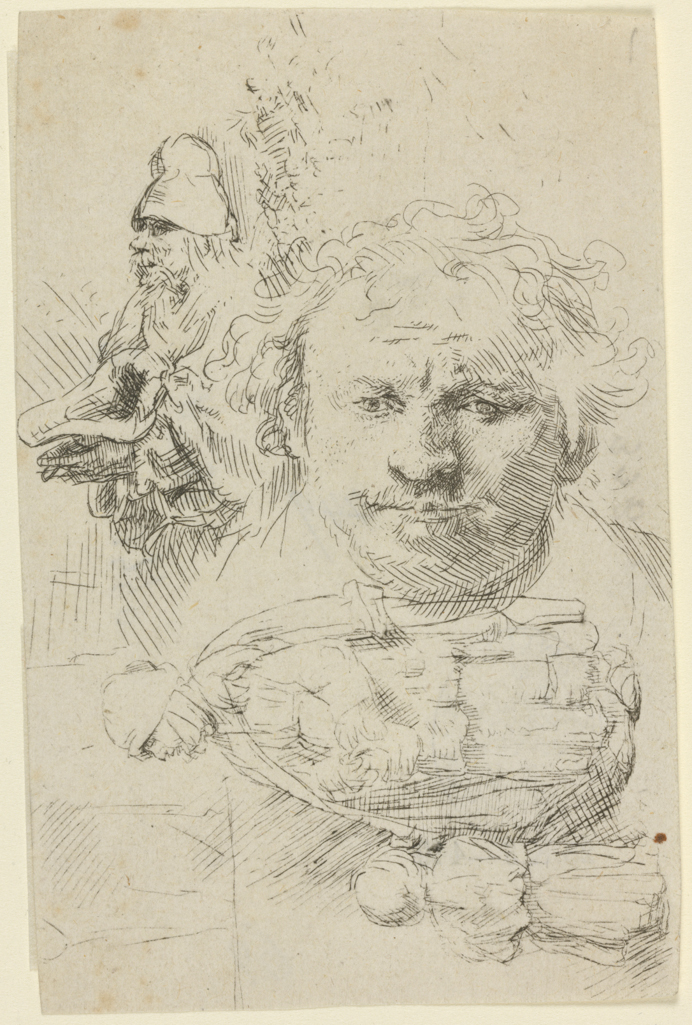 An image of Sheet of studies with the head of the artist, a beggar man, woman and child. Rembrandt Harmensz. van Rijn (Dutch, 1606-1669). Etching, black carbon ink on laid paper, height, plate, 106 mm, width, plate, 68.5 mm; height, sheet, 106 mm, width, sheet, 68.5 mm, possibly 1651. The date on the print is barely legible; it has been read as either 1631 or 1651. Production Note: Only state. Alternative Number(s): Hollstein (Dutch/Flemish); B370 Only state; 1969. Biörklund/Barnard; BB38-F Only state; 1955. Lugt; 932.