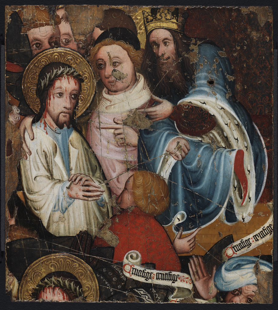 An image of Christ Before Pilate. Unknown, English. Egg tempera on panel, height 29.8 cm, width 33 cm, circa 1400-1425.