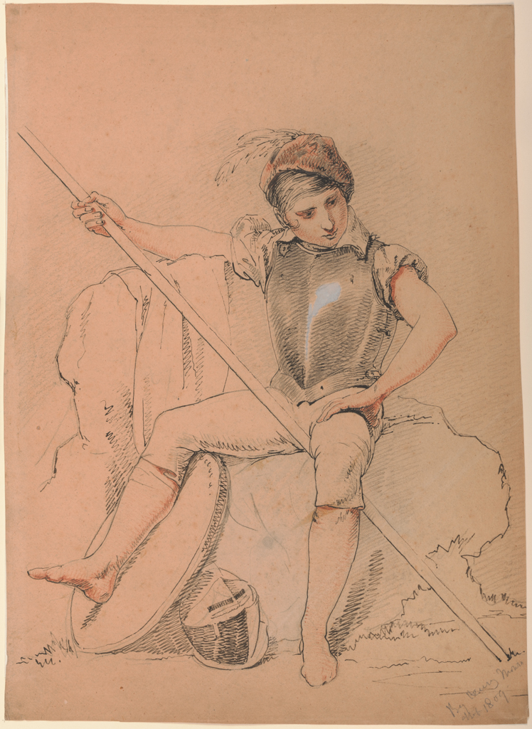 An image of Study of a boy in armour. Monro, Henry (British, 1791-1814). Pen and Indian ink, graphite, black and red chalk with some white on buff paper, height 472 mm, width 342 mm, circa 1809.