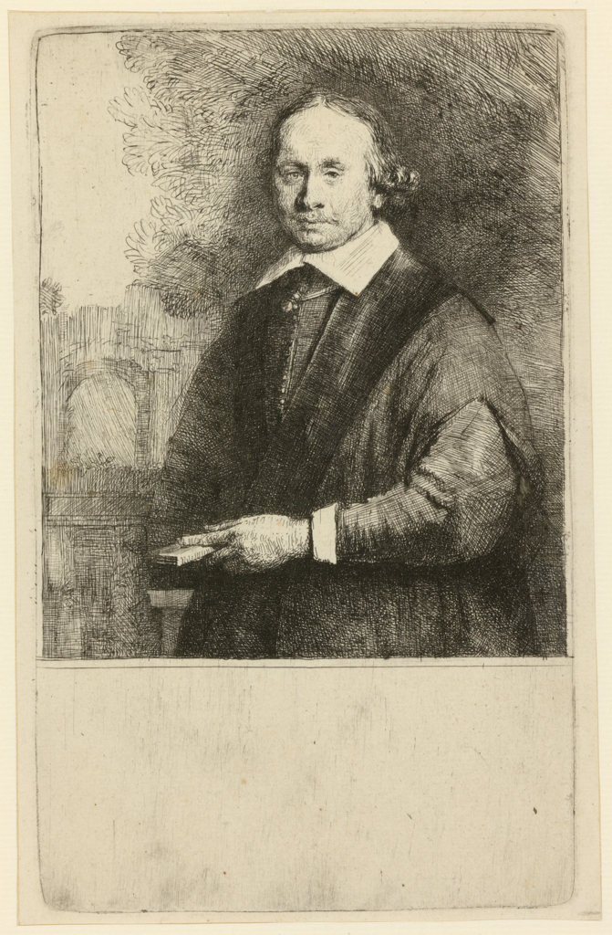An image of Jan Antonides van der Linden, physician. Rembrandt Harmensz. van Rijn (Dutch, 1606-1669). After Tempel, Abraham Lambertsz. van den (Dutch, 1622/3-1672). Etching, drypoint, engraving, surface tone, black carbon ink on laid paper, height, plate, 174 mm, width, plate, 105 mm; height, sheet, 179 mm, width, sheet, 114 mm, 1665. Production Note: I/V. Note: The sitter was a professor of medicine in Leiden from 1651, and Rembrandt was commissioned to make a posthumous portrait as a frontispiece to Linden's edition of Hippocrates. The print was based on a painted portrait of 1660 by van den Tempel (now in the Mauritshuis), but as the contract specified that the print should be engraved rather than etched, this print was not used for the book. Alternative Number(s): Hollstein (Dutch/Flemish); B264 I/V; 1969. Biörklund/Barnard; BB65-1 I/VI; 1955.