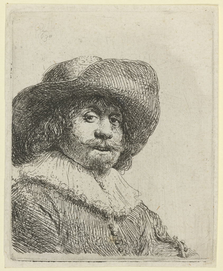 An image of Man in a broad-brimmed hat. Rembrandt Harmensz. van Rijn (Dutch, 1606-1669). Etching, surface tone, black carbon ink on laid paper, height, plate, 80 mm, width, plate, 65 mm; height, sheet, 84 mm, width, sheet, 68 mm, 1638. Production Note: Only state. Alternative Number(s): Hollstein (Dutch/Flemish); B311 Only state; 1969. Biörklund/Barnard; BB38-C Only state; 1955.
