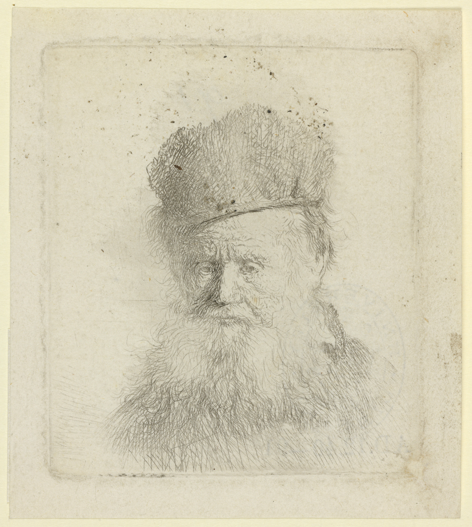 An image of Bust of an old man with a fur cap and flowing beard, nearly full face, eyes direct. Rembrandt Harmensz. van Rijn (Dutch, 1606-1669). Etching, black carbon ink on laid paper, height, plate, 63 mm, width, plate, 54 mm; height, sheet, 74 mm, width, sheet, 65 mm, circa 1631. Production Note: II/II. Notes: This impression was printed from the plate when very worn - it is listed in Hollstein as state I, but is clearly from state II. Alternative Number(s): Hollstein (Dutch/Flemish); B312 II/II; 1969. Biörklund/Barnard; BB31-7 II/II; 1955.