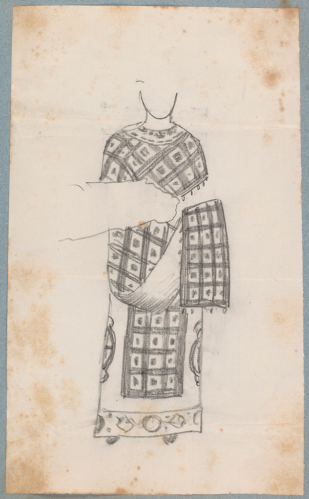 An image of Study of drapery (a 'Byzantine Dress'). Burne-Jones, Edward (British, 1833-1898). Graphite on paper, height 284 mm, width 173 mm. Production Note:John Christian has suggested that these designs may be connected with late works such as 'the Star of Bethlehem' and 'Arthur in Avalon' (see f.31). Acquisition Credit: With a contribution from the M.G.C. / V. and A. Purchase Grant Fund. 