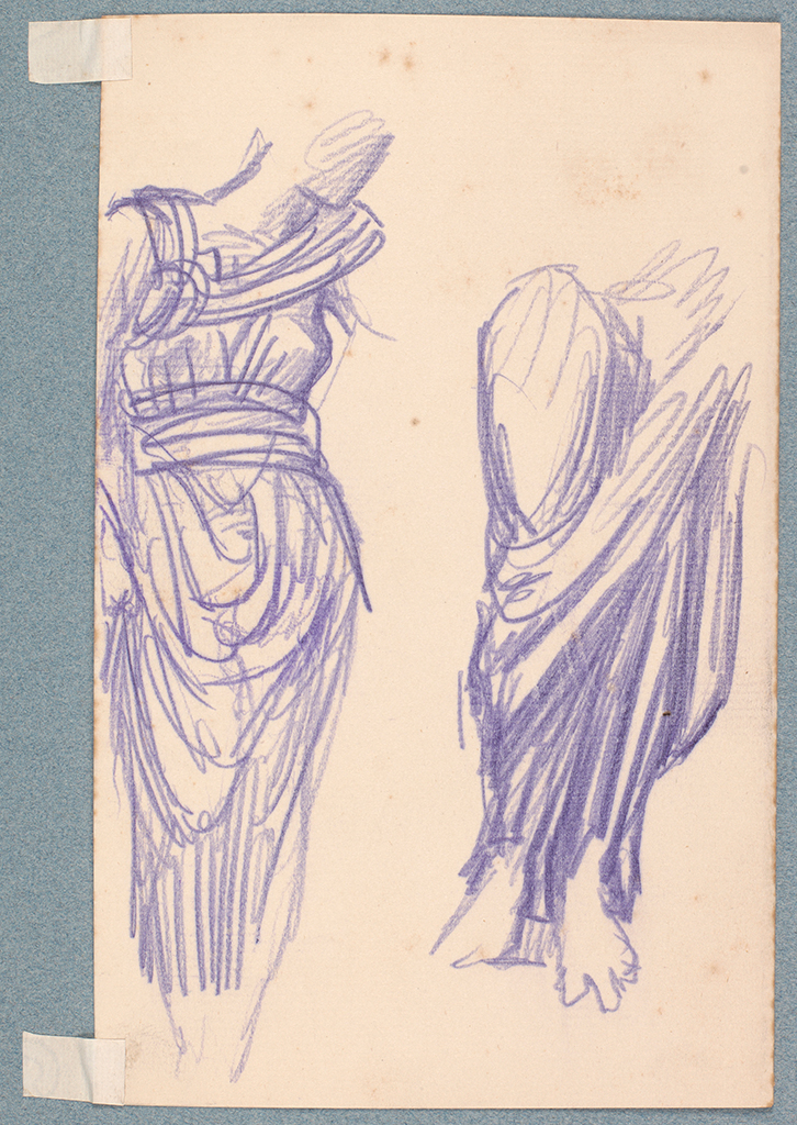 An image of Two studies of a draped figure. Burne-Jones, Edward (British, 1833-1898). Purple pencil on paper (folded), height, folded size, 179 mm, width, folded size, 112 mm. Acquisition Credit: With a contribution from the M.G.C. / V. and A. Purchase Grant Fund.