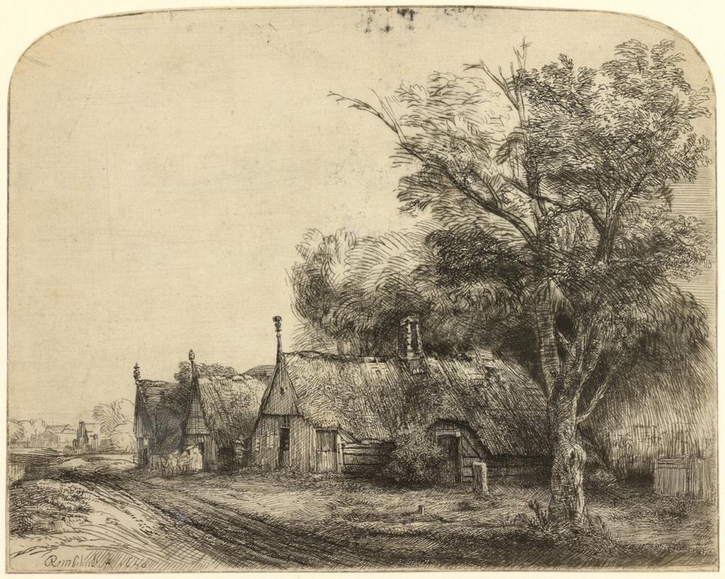 An image of Landscape with three gabled cottages beside a road. Rembrandt Harmensz. van Rijn (Dutch, 1606-1669). Etching, drypoint, pen and ink, borderlines drawn around the edge of the print, black carbon ink on laid paper; support; chainlines horizontal (22.5mm), height, plate, 161 mm, width, plate, 203 mm; height, sheet, 161 mm, width, sheet, 203 mm,1650. Production Note: III/III. Alternative Number(s): Hollstein (Dutch/Flemish); B217 III/III. Biörklund/Barnard; BB50-D III/III. Lugt; 932.