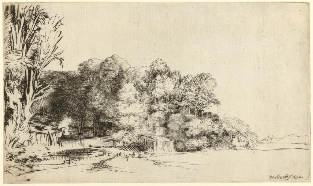 An image of Clump of trees with a vista. Rembrandt Harmensz. van Rijn (Dutch, 1606-1669). Drypoint, black carbon ink on laid paper, chainlines horizontal (23 mm), height, plate, 124 mm, width, plate, 212 mm; height, sheet, 124 mm, width, sheet, 212 mm, 1652. Production Note: II/II. Notes: The motif of the hut beneath trees was studied by Rembrandt in an ink and wash drawing in The Fitzwilliam Museum (3106). Alternative Number(s): Hollstein (Dutch/Flemish); B222 II/II. Biörklund/Barnard; BB52-D II/II. Lugt; 932. Lugt; 1419. Ash & Fletcher (Rembrandt watermarks); 36.E'.a.
