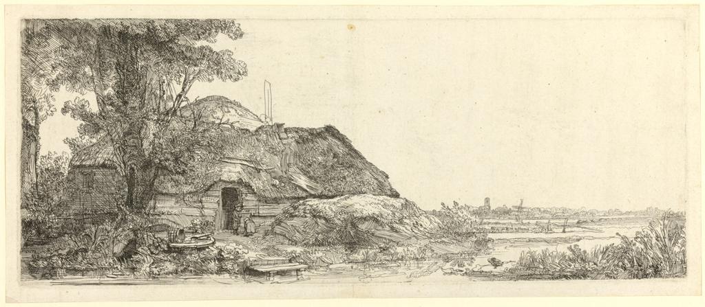 An image of Landscape with a cottage and a large tree. Rembrandt Harmensz. van Rijn (Dutch, 1606-1669). Etching, surface tone, black carbon ink on laid paper, chainlines vertical (24 m), height, plate, 129 mm, width, plate, 320 mm, height, sheet, 143 mm, width, sheet, 334 mm, 1641. Production Note: Only state. Notes: Printed on the same type of paper as 23.K.5-310, 'Landscape with a cottage and a haybarn', also of 1641. The two prints also share similar size margins and central folds, perhaps from where they were mounted before entering Viscount Fitzwilliam's collection; indeed, the pair may have stayed together since they were printed. Some impressions of these two prints share a split watermark, showing that they were printed simultaneously on the same sheet. Alternative Number(s): Hollstein (Dutch/Flemish); B226 Only state. Biörklund/Barnard; BB41-B Only state. Lugt; 932. Ash & Fletcher (Rembrandt watermarks); 36.D.b.