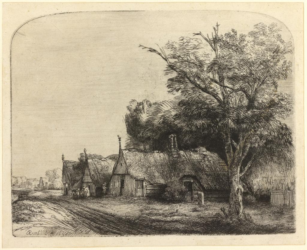 An image of Landscape with three gabled cottages beside a road. Rembrandt Harmensz. van Rijn (Dutch, 1606-1669). Etching, drypoint, black carbon ink on laid paper, chainlines horizontal (22.5 mm), height, plate, 161 mm, width, plate, 204 mm; height, sheet, 174 mm, width, sheet, 216 mm, 1650. Production Note: III/III. Printed on mould side of paper. Alternative Number(s):Hollstein (Dutch/Flemish); B217 III/III. Biörklund/Barnard; BB50-D III/III. Lugt; 2475.