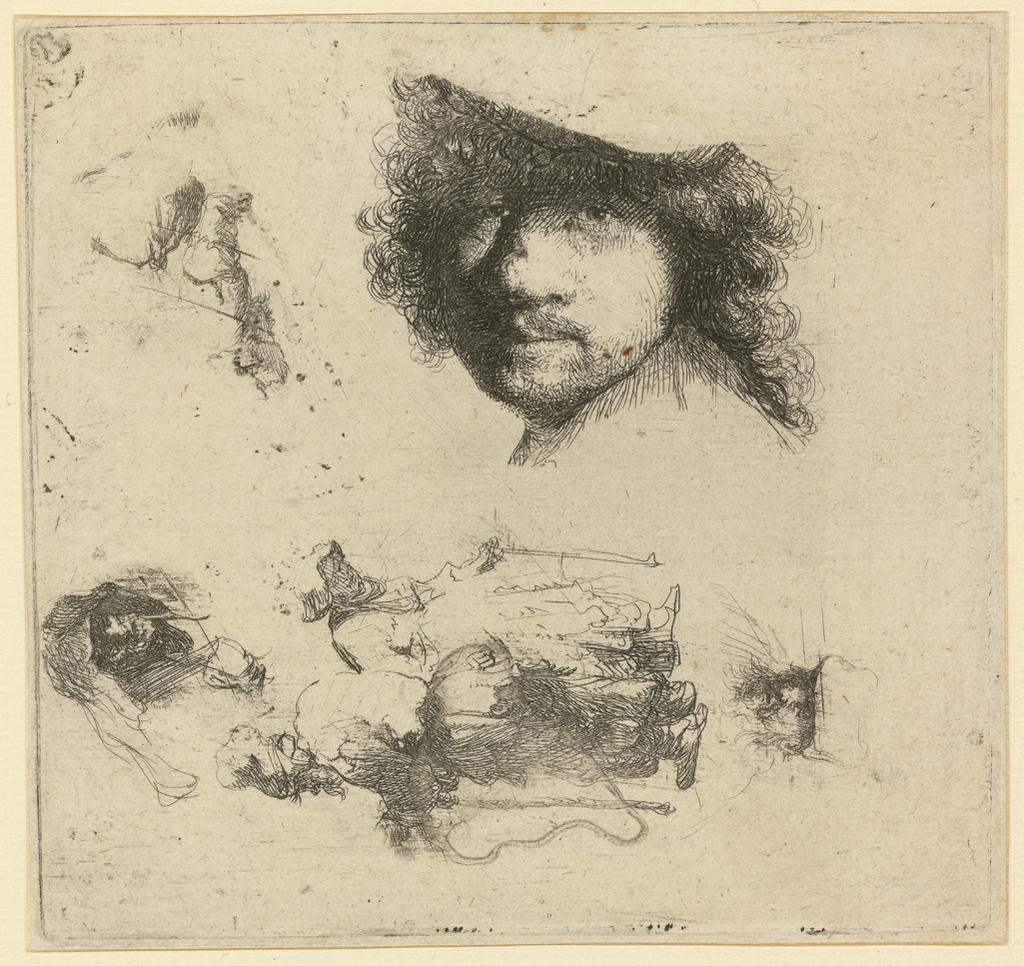 An image of Sheet of studies: Head of the artist, a beggar couple, heads of an old man and old woman, etc. Rembrandt Harmensz. van Rijn (Dutch, 1606-1669). Etching, black carbon ink on laid paper, height, plate, 100 mm, width, plate, 105 mm; height, sheet, 102 mm, width, sheet, 108 mm, circa 1632. Production Note: II/II. Alternative Number(s):Hollstein (Dutch/Flemish); B363 II/II; 1969. Biörklund/Barnard; BB32-1 II/II; 1955.