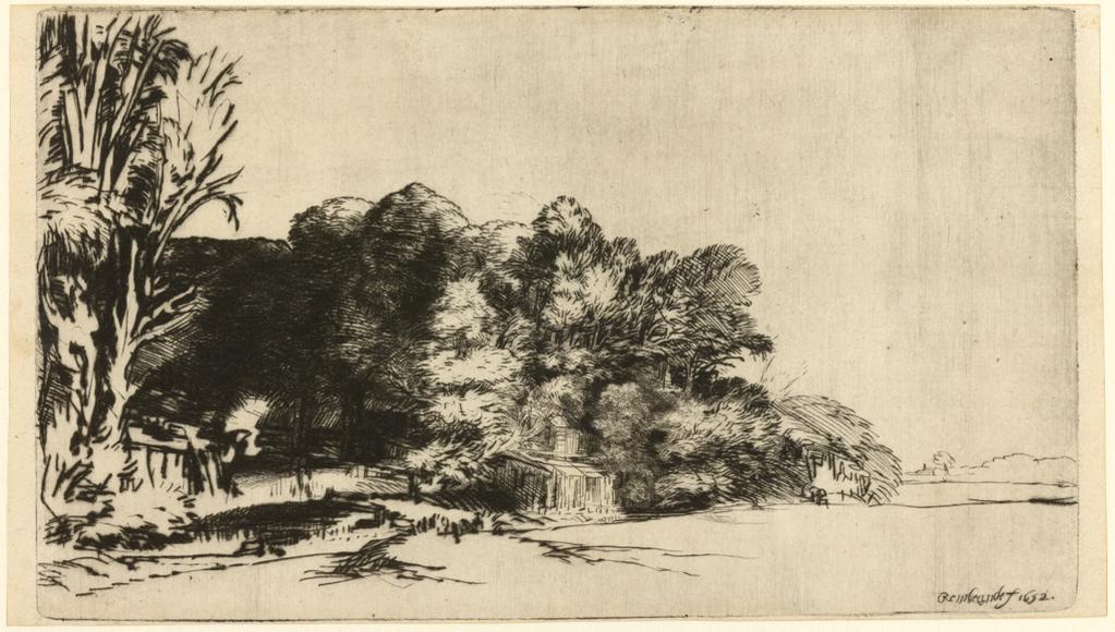 An image of Clump of trees with a vista. Rembrandt Harmensz. van Rijn (Dutch, 1606-1669). Drypoint, surface tone, black carbon ink on laid paper, chainlines horizontal (24 mm), height, plate, 123 mm, width, plate, 211 mm; height, sheet, 124, mm, width, sheet, 222 mm, 1652. Production  Note: II/II. Printed on mould side of paper. Notes: The motif of the hut beneath trees was studied by Rembrandt in an ink and wash drawing in The Fitzwilliam Museum (3106). Alternative Number(s): Hollstein (Dutch/Flemish); B222 II/II. Biörklund/Barnard; BB52-D II/II. Lugt; 2475.