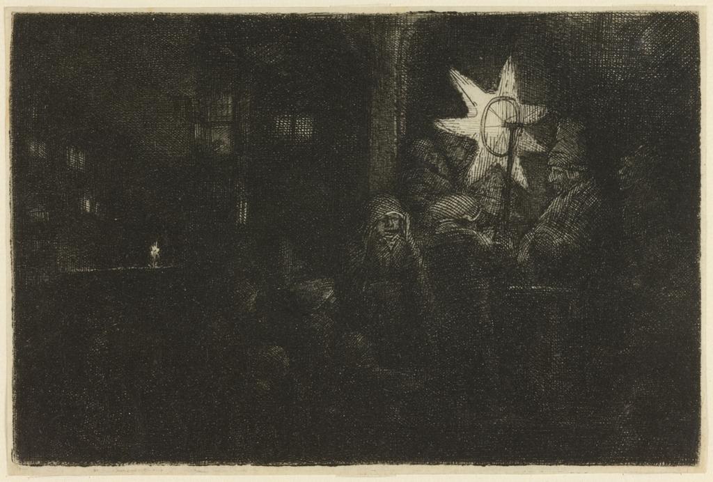 An image of The Star of the Kings: A Night Piece. Rembrandt Harmensz. van Rijn (Dutch, 1606-1669). Etching, drypoint, black carbon ink, laid paper, height, plate, 94 mm, width, plate, 144 mm; height, sheet, 97 mm, width, sheet, 146 mm, circa 1651. Production Note: Only state. Alternative Number(s): Hollstein (Dutch/Flemish); B113 Only state; 1969. Biörklund/Barnard; BB51-1 Only state; 1955.
