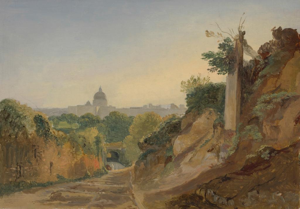 An image of A view of Rome. Giroux, André  (French, 1801-1879). Oil over graphite on paper, marouflé to canvas, height 21 cm, width 29.7 cm, before 1831.